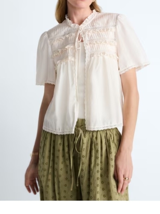 Scoop Tops - Light Cream Pintuck Lace-Trim Short Sleeve Blouse